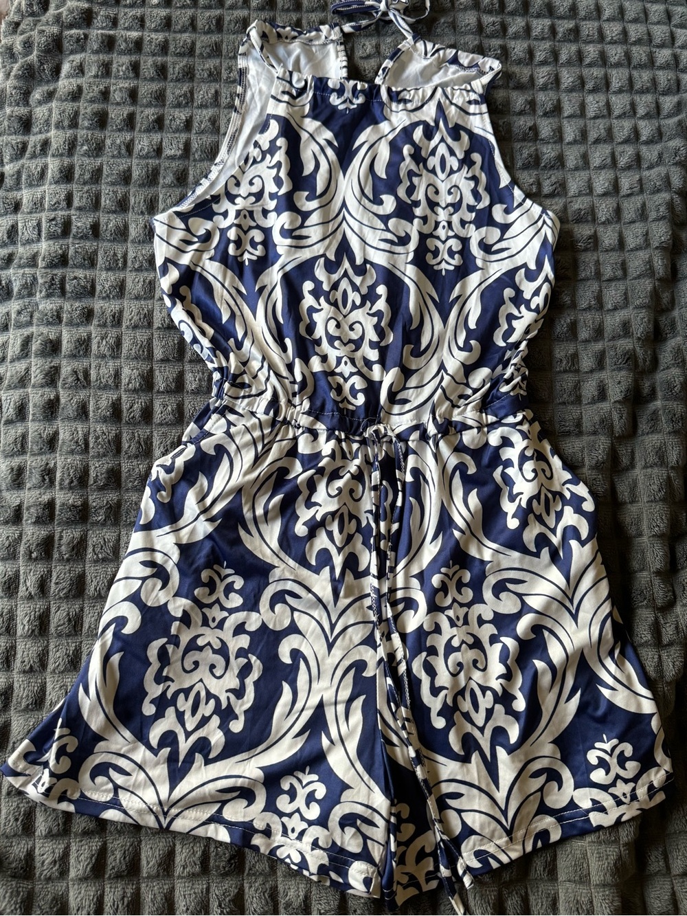 NWOT Small Navy and White Dress Patterned Halter Romper Shorts With Pockets